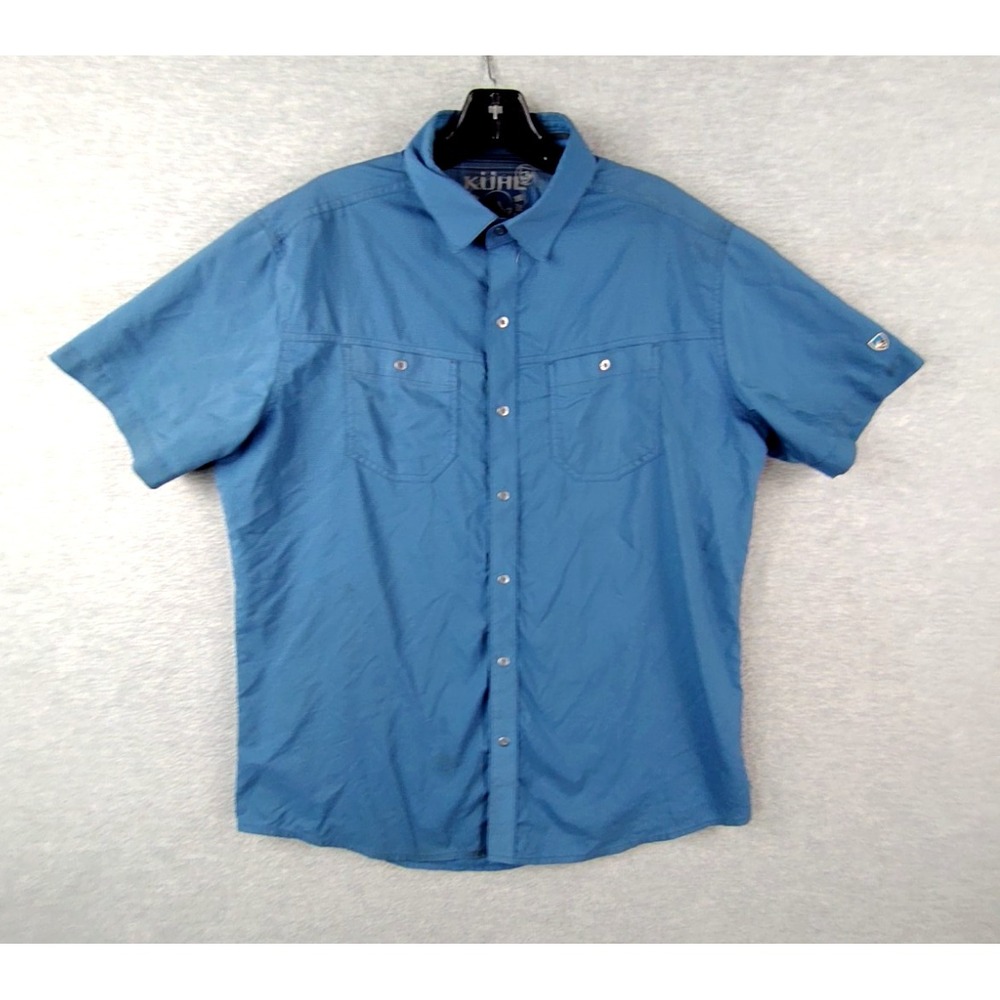 Kuhl Mens Shirt Medium Blue Short‎ Sleeve Snap Front Nylon Outdoor Gorp Hiking